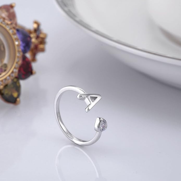 VIKI LYNN 925 Sterling Silver Rings Size 4.5 Adjustable Initial Letter Ring with Cubic Zirconia-Personalized Gifts for Women