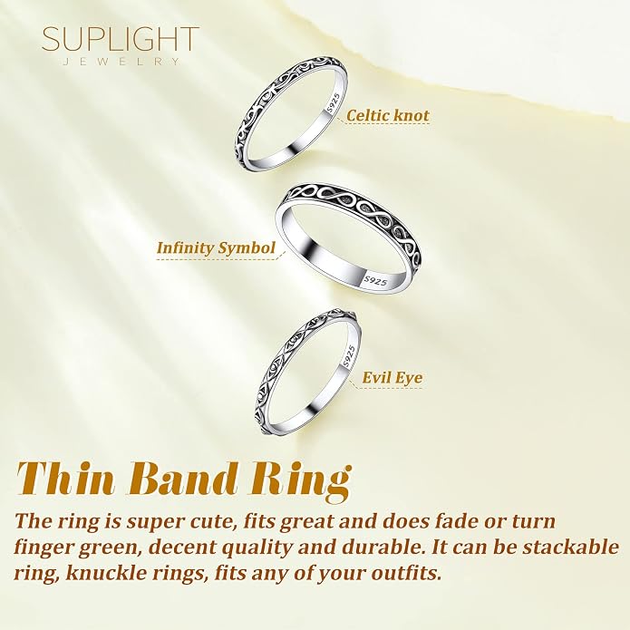 Suplight S925 Sterling Silver Celtic Knot/Evil Eye/Infinity Symbol Band Ring, 2/3/5/8mm Vintage Finger Thumb Ring for Women Size 4-13 (with Gift Box)