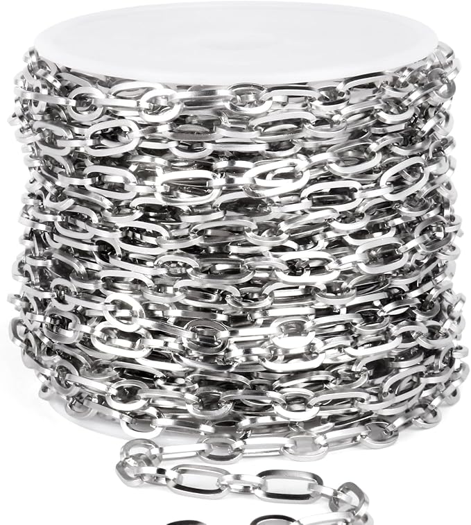 33FT Stainless Steel Paperclip Jewelry Chain Roll, 4.5MM Long and Short Link Chains Spool Bulk for DIY Jewelry Making Necklace Bracelet
