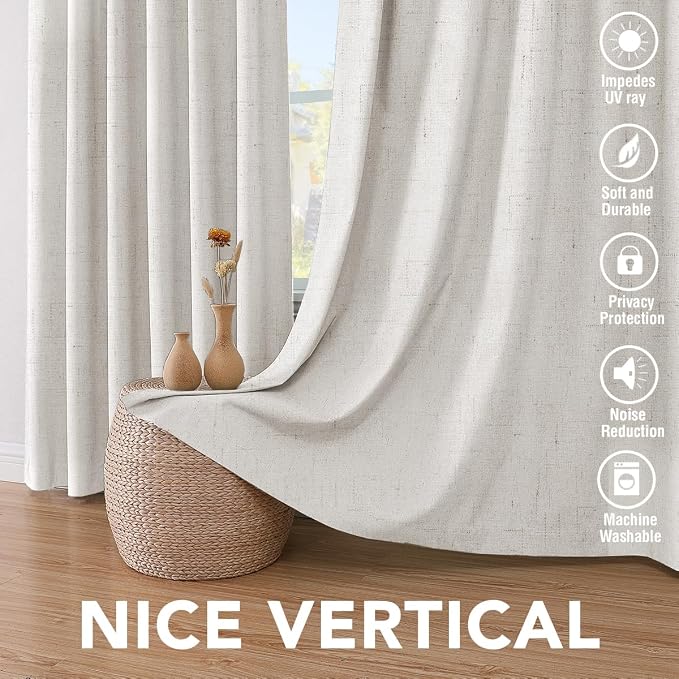 H.VERSAILTEX 100% Blackout Curtains Ivory, Linen Blackout Curtains 96 inch Curtains 2 Panel Set, Elegant Curtain for Bedroom Grommet Drapes for Living Room
