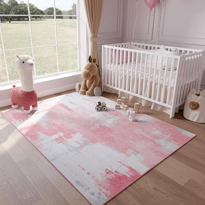 Kelarea Pink Nursery Rug for Baby Girl, 6x9 Modern Abstract Washable Rugs for Kid's Bedroom, Low Pile Non Slip Large Carpet for Dorm, Living Room, Kids Playroom
