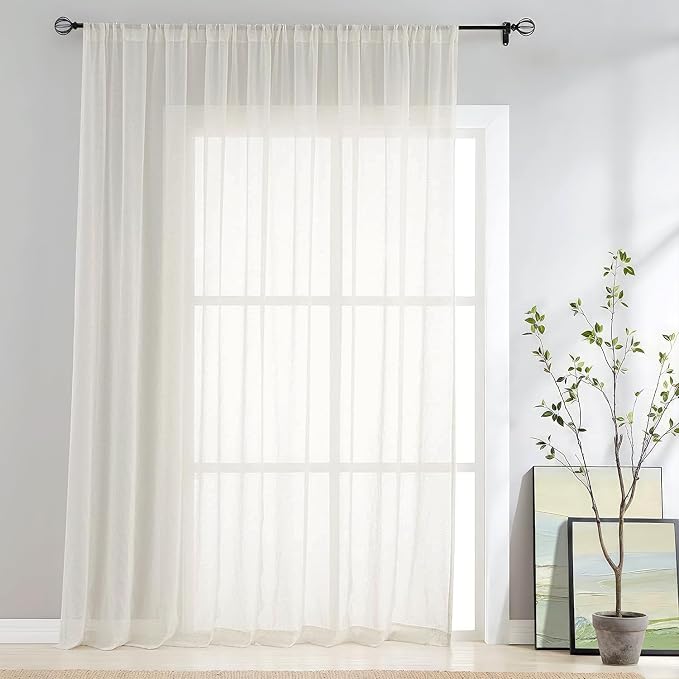 FMFUNCTEX Beige Flax Linen Sheer Curtains 108 Inch Long Extra Wide 1 Panel | Extra 100 Wide Sliding Glass Door Window Curtain, Semi Sheer Drapes for Patio, Bedroom and Living Room Rod Pocket