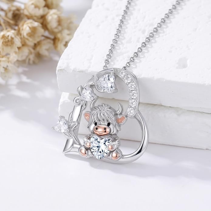 PELOVNY Teddy Bear Necklace for Women 925 Sterling Silver Bear/Highland Cow/Fox/Cat/Axolotl Birthstone Necklace Christmas Birthday Jewelry Gifts for Mom Daughter Wife Sister