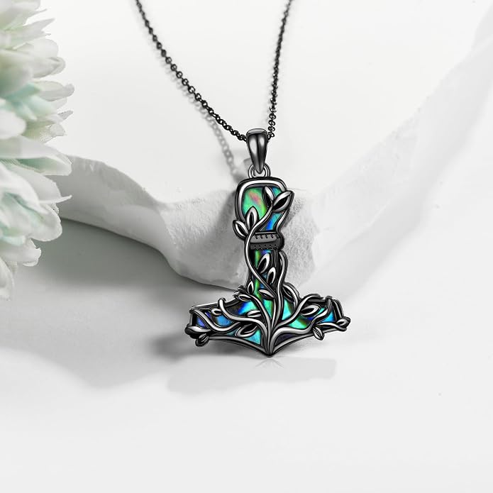 Thor Hammer Necklace 925 Sterling Silver Mjolnir Tree of Life Pendant Necklace Viking Vegvisir Jewelry for Women wife Mom
