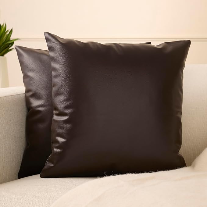 Encasa XO Faux Leather Throw Pillows Covers 18"x18" (Set of 2) | Dark Brown Decorative Cushion Covers | Modern Farmhouse Pillow Cases for Outdoor, Living Room, Bedroom, Couch, Sofa
