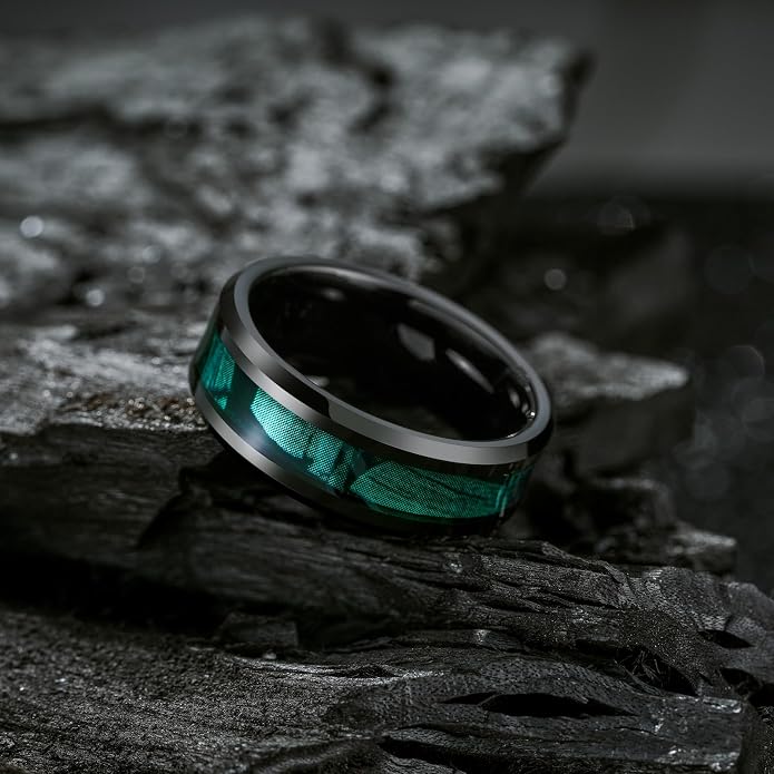King Will Black Tungsten Wedding Band For Men, 8mm Promise Ring Inlay Red Twill Pattern/Colorful Wood Chips, High Polished Beveled Edge - Suitable For Daily Wear, Comfort Fit Size 7-14