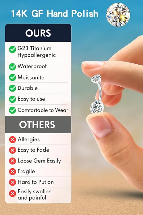 VOJO Moissanite Belly Button Ring, Titanium Navel Piercing Bar with Internally Threaded Barbell for Women