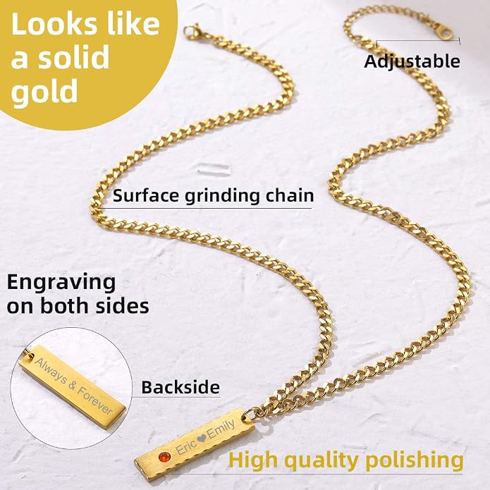 GOLDCHIC JEWELRY Personalized Birthstone Name Necklaces for Men Women, Engraved Family Names Necklace with Birthstone Vertical Bar Necklace, Pendant for Husband/Father/Grandma/Wife Birthday Gifts