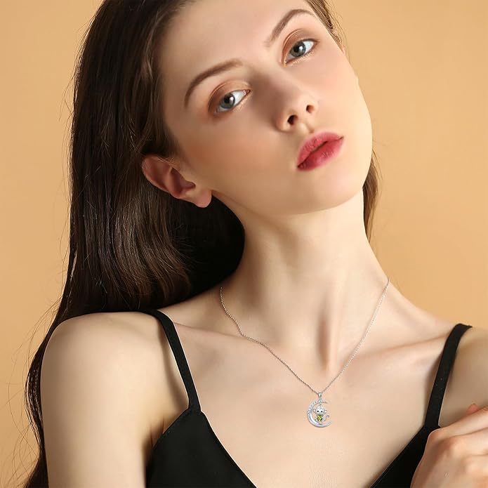PROESS Animal Birthstone Necklace 925 Sterling Silver Otter/Axolotl/Hippo/Elephant/Dachshund/Monkey/Red Panda Pendant Necklace Animal Birthstone Jewelry Gifts for Women