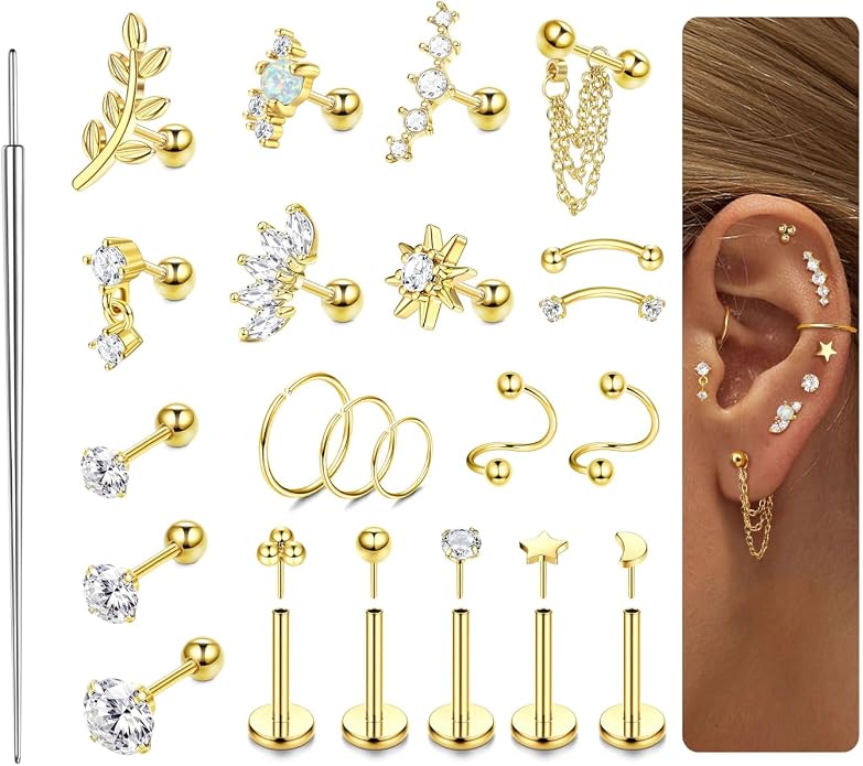ORAZIO 16 Gauge Cartilage Earrings for Women-Hypoallergenic Surgical Stainless Steel Tragus Earring Set Threadless Flat Back Earrings Push in Nose Studs Daith Conch Tragus Helix Piercing Jewelry