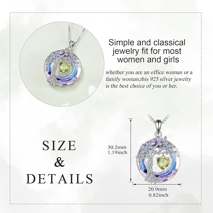 POPLYKE Mothers Day Gifts for Mom Her Wife Tree of Life Necklace 925 Sterling Silver Birthstone Pendant with Crystal Anniversary Birthday Wedding Jewelry for Women