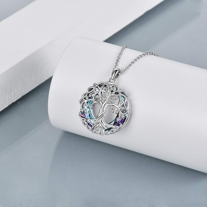 POPLYKE Tree of Life Necklace for Women Sterling Silver Celtic Knot Family Tree With Blue/Purple/Volcano Crystal Irish Gifts for Mom Wife Birthday Christmas