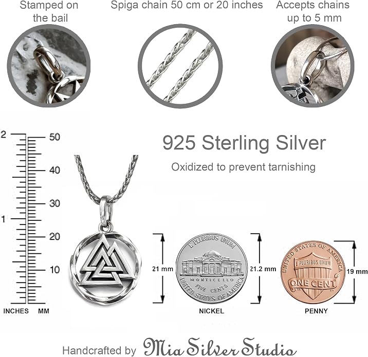 925 Sterling Silver Valknut Viking Necklace - Norse Mythology Odin Amulet - Three Triangles Pendant Chain 20" - Celtic Nordic Viking Jewelry Gift for Men and Women - Handmade