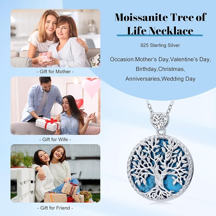 Tree of Life Moissanite Necklace, 925 Sterling Silver 0.5 Carat Moissanite Abalone Shell/Opal/Black Onyx/Turquoise/Malachite/Tiger Eye Stone Tree of Life Pendant Necklaces Jewelry Gift for Women Mom