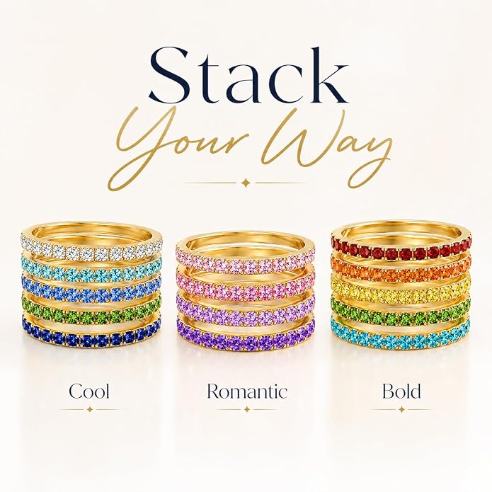Birthstone Rings For Women, Silver Stackable Cubic Zirconia Stainless Steel Birth Stone Ring To My Daughter/Mom Birthday Unique Gifts Jewelry