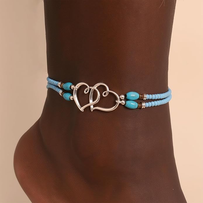 Elastic Beaded Ankle Bracelets for Women Double Heart Layered Stretch Ankle Bracelets Waterproof Dainty Boho Beaded Anklets for Summer Beach Foot Jewelry