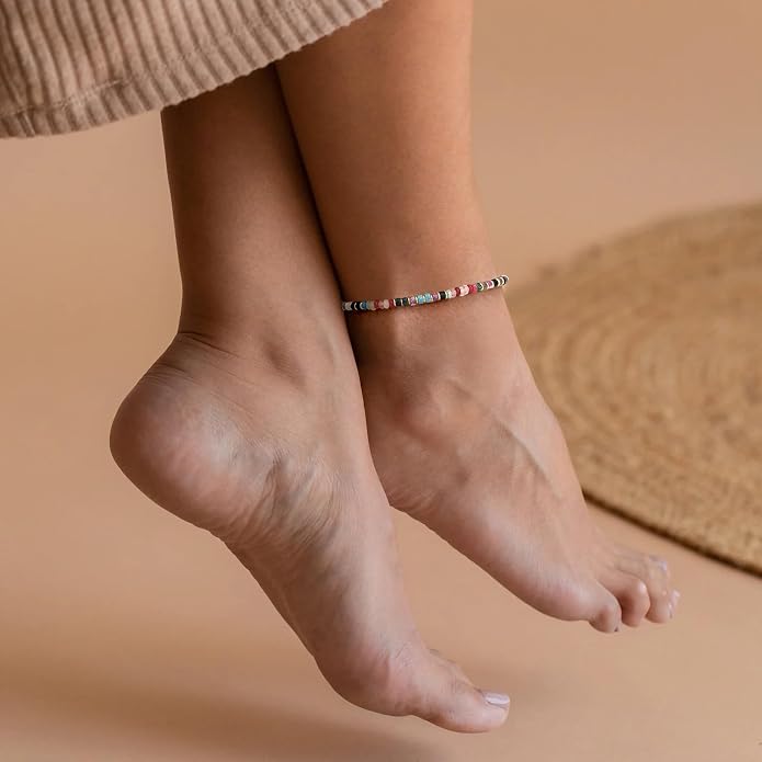 Natural Stone Beaded Anklets for Women Teen Girl Gifts Trendy Stuff Boho Anklet Colorful Bead Ankle Bracelets for Women Waterproof Handmade Beach Gifts Summer Jewelry Birthday Christmas Gift