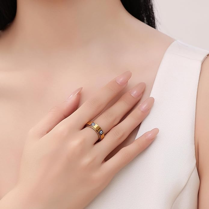 Evil Eye Fidget Ring for Women Men 18K Gold Plated, Anxiety Relief Spinner Ring Luck Charm Jewelry Gift, Size 6-10