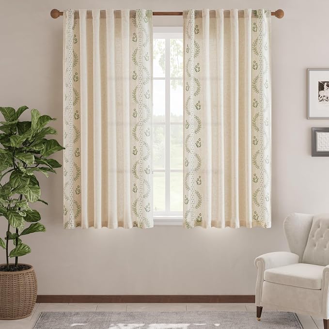 jinchan Floral Linen Curtains 72 Inch Back Tab 2 Panels Sage Green | Embroidered curtains,boho curtains,living room,bedroom,light filtering,privacy,flower patterned drapes,window treatment