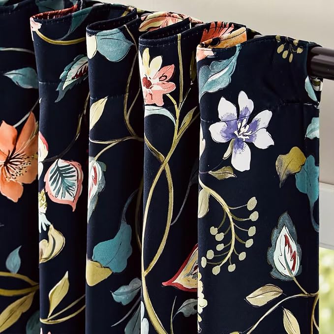 jinchan Dark Blue Floral Blackout Curtains 63 Inch Back Tab 2 Panels | Room darkening, light blocking, elegant vintage drapes, botanical floral print, bedroom, living room, window treatment