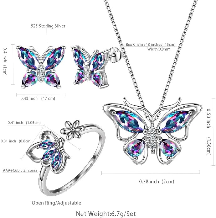 Aurora Tears Butterfly Jewelry,Women 925 Sterling Silver Butterflies Birthstone Pendant Necklace/Earrings/Rings Wedding Gift