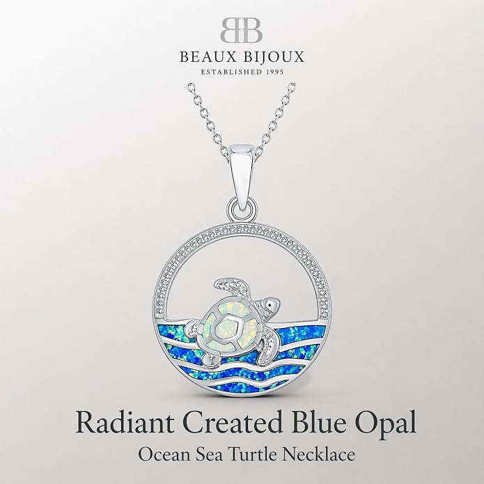 Created Blue Opal Ocean Necklace for Women, 925 Sterling Silver Pendant, 18 Inch Chain, Beach and Sea Life Jewelry Collection