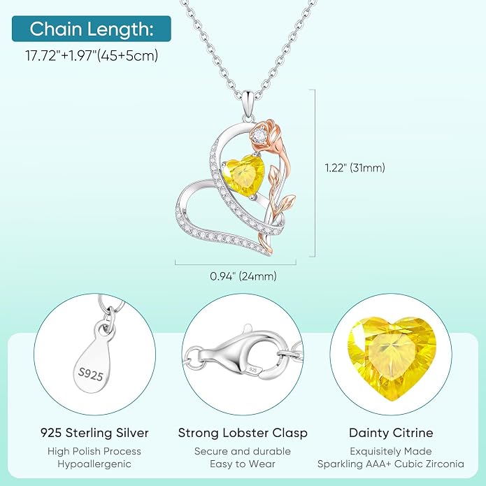 Rose Heart Birthstone Necklace for Women - Dainty 925 Sterling Silver Necklaces for Women Trendy CZ Pendant Necklace Jewelry Birthday Anniversary Christmas Gifts for Girlfriend Mom Lady Daughter