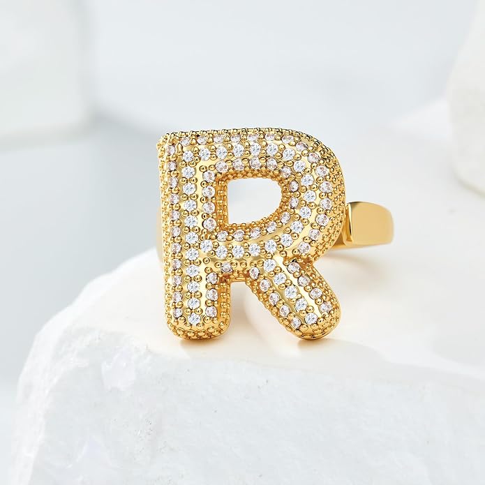 Cicy Bell Initial Rings for Women 14k Gold Plated Cubic Zirconia Delicate Letter Chunky Statement Open Rings Gifts for Her