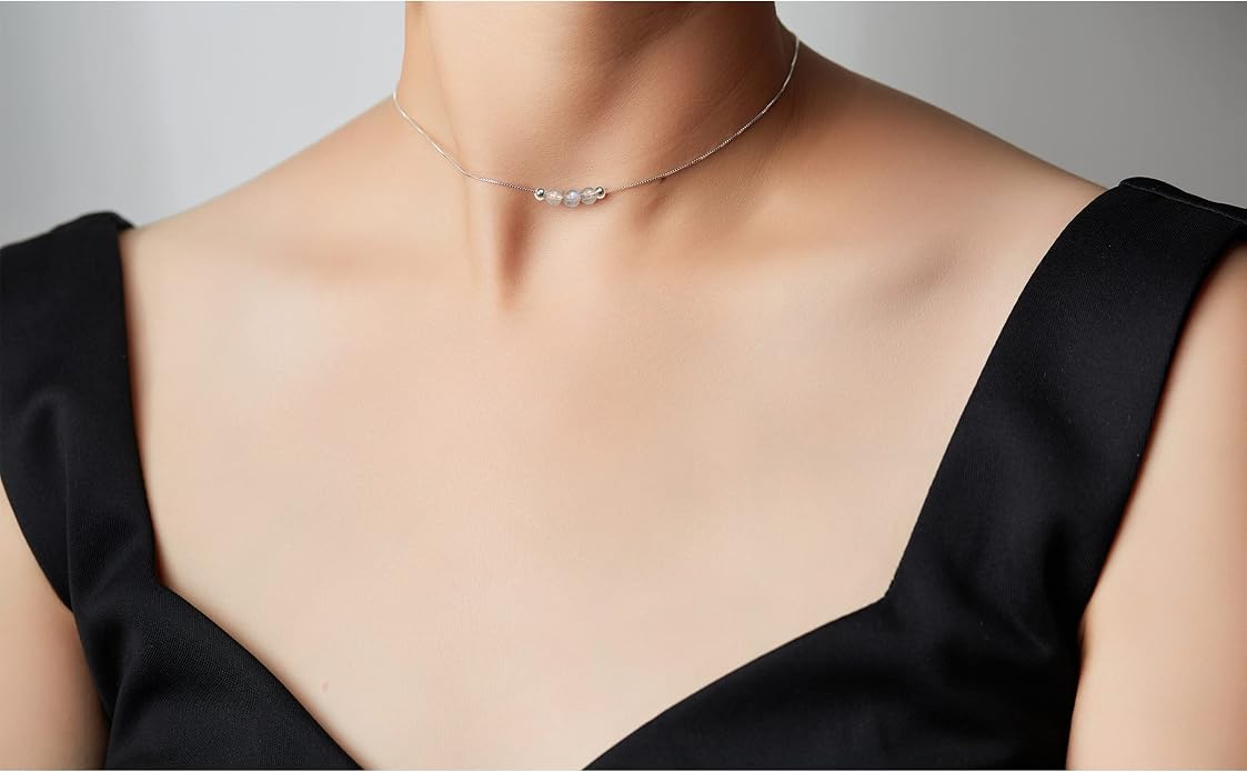 Dainty Crystal 925 Sterling Silver Choker Collar Necklace Handmade With 3 Beads Birthstone Jewelry Gifts for Women Young Lady Mother Friends Keenove