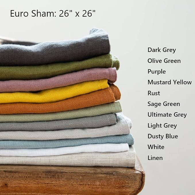 Simple&Opulence 100% Washed Linen Euro Shams 26'' x 26'' Pack of 2, Basic Style Solid Color Natural Flax Farmhouse Decorative Square Throw Pillow Covers for Bed Couch Sofa - Olive Green