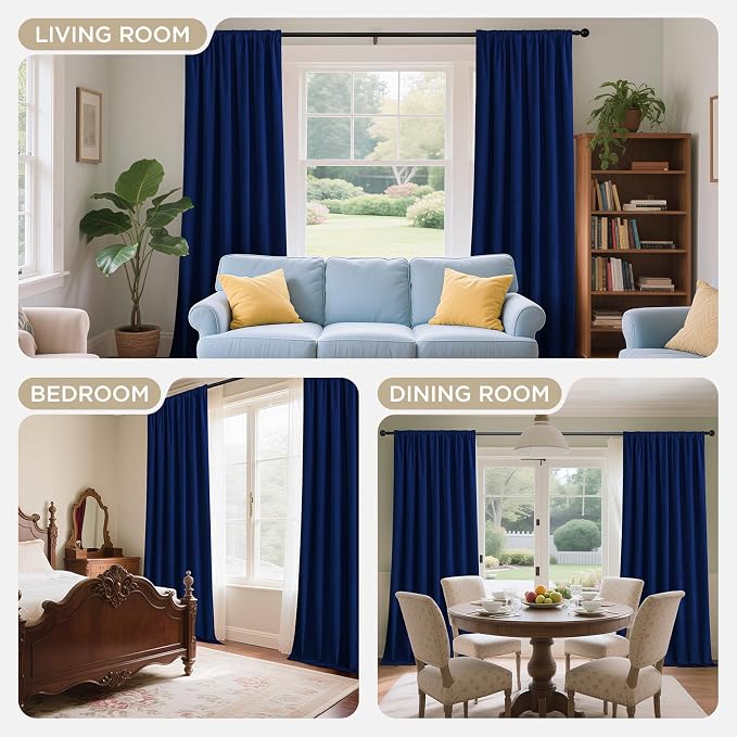 Joydeco 100% Blackout Velvet Curtains Royal Blue 96 Inch Grommet Top | Luxury Thermal Insulated Velvet Curtains for Bedroom Living Room, Soundproof Blackout Window Drapes