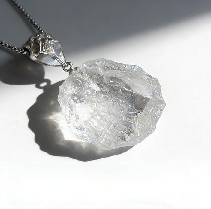 Clear Quartz Crystal Necklace 925 Sterling Silver Necklace Healing Crystals Energy Stone Pendant Natural Moonstone Raw Gemstone Jewelry Spiritual Birthstone Gift for Women Ladies Men