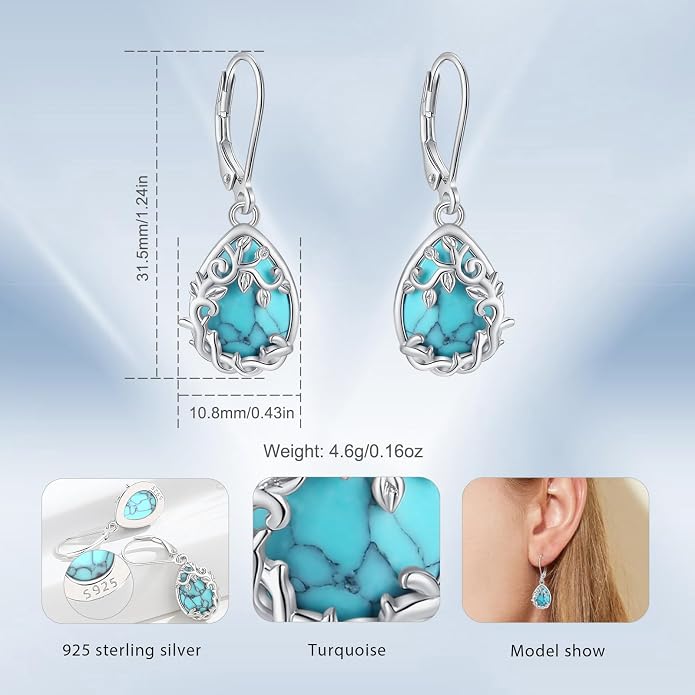 Vito 925 Sterling Silver Teardrop Earrings for Women, Moonstone Turquoise Drop Dangle Earrings Cat Snake Turtle Tree of Life Leverback Earrings Boho Jewelry Gift for Mom Wife