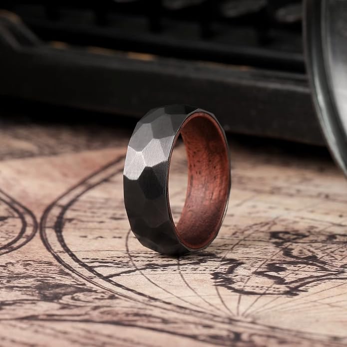 King Will 6/8mm Wedding Band for Men, Silver/Black Hammered Titanium Wedding Ring Inlaid Wood Inner Hole, Wedding Band for Men Matte Brushed Comfort Fit 7-14