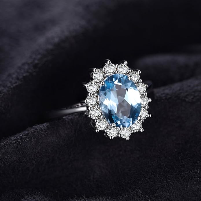 JewelryPalace Princess Diana Kate Middleton Class Gemstone Birthstone Sapphire Halo Engagement Rings for Women, Anniversary 14K White Yellow Rose Gold Plated 925 Sterling Silver Promise Rings for Her