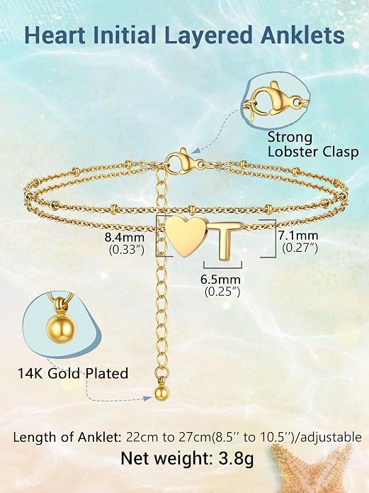 Initial Ankle Bracelets for Women, Dainty Stainless Steel Letter A-Z Layered Anklets, Heart Ankle Bracelet 8.5"-10.5" Adjustable, Summer Beach Jewelry, Come with Box