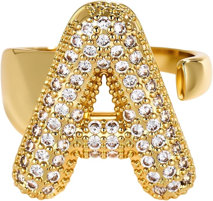 Cicy Bell Initial Rings for Women 14k Gold Plated Cubic Zirconia Delicate Letter Chunky Statement Open Rings Gifts for Her