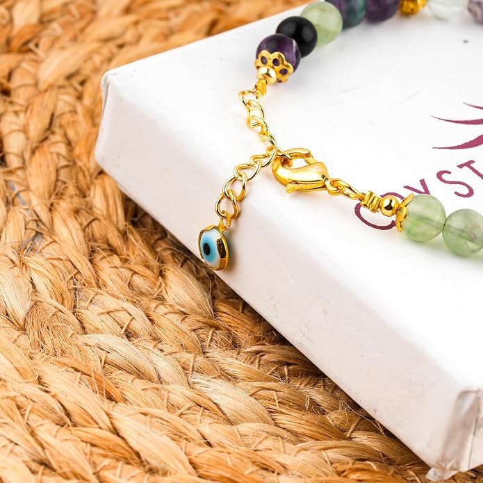 AAA Grade Natural Gemstone Beaded Bracelet, 14K Gold Plated with Evil Charm, Wicca & Reiki Healing Crystals, Handmade Bohemian Jewelry, Christmas Gift for Women (7+1inch)