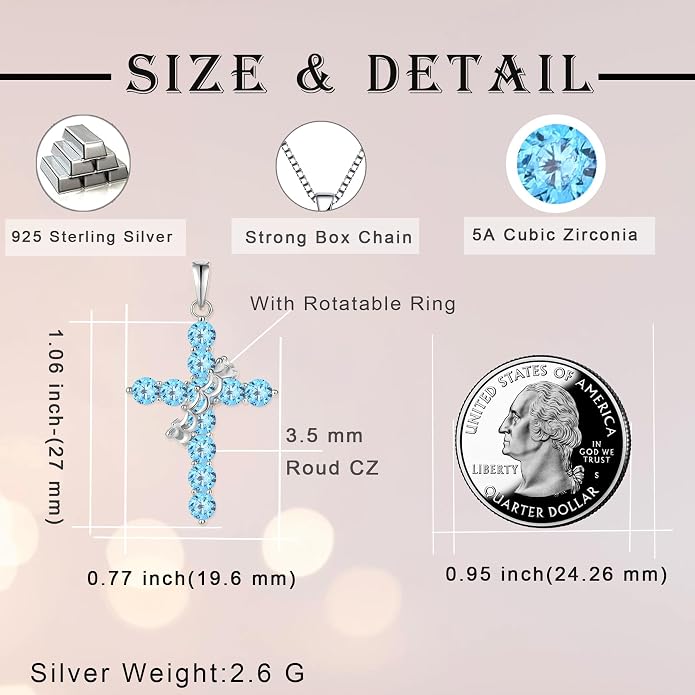 Rotated Crown Cross Necklaces for Women, 925 Sterling Silver Round Cut Zircon Neckalce Pendant With Ring Birthstones Jewelry for Her