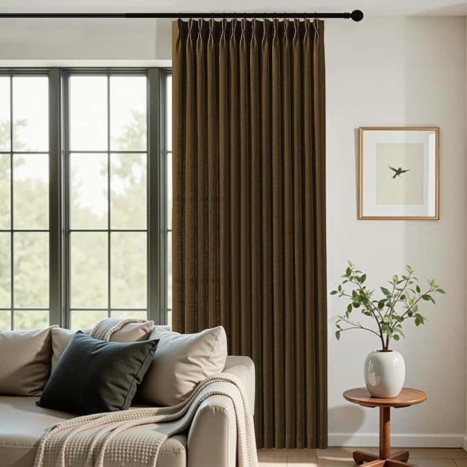 Living Room Pleated Curtains 96 Inches Long, Pinch Pleated Semi Sheer Curtain Rustic Textured Light Filtering Memory Trained Drapes with Hooks Rings for Bedroom, Dark Chocolate, W40xL96, 2 Panel