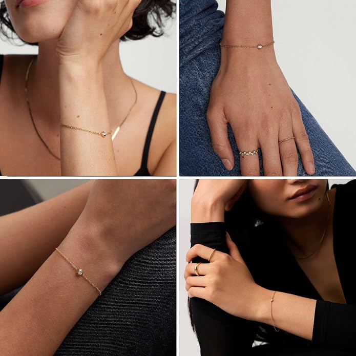NOKMIT Solid 925 Sterling Silver Bracelets for Women, Dainty Interlocking Circles Cubic Zirconia Adjustable Chain Bracelet, Trendy Stackable Link Bracelets, Simple Cute Jewelry Gifts