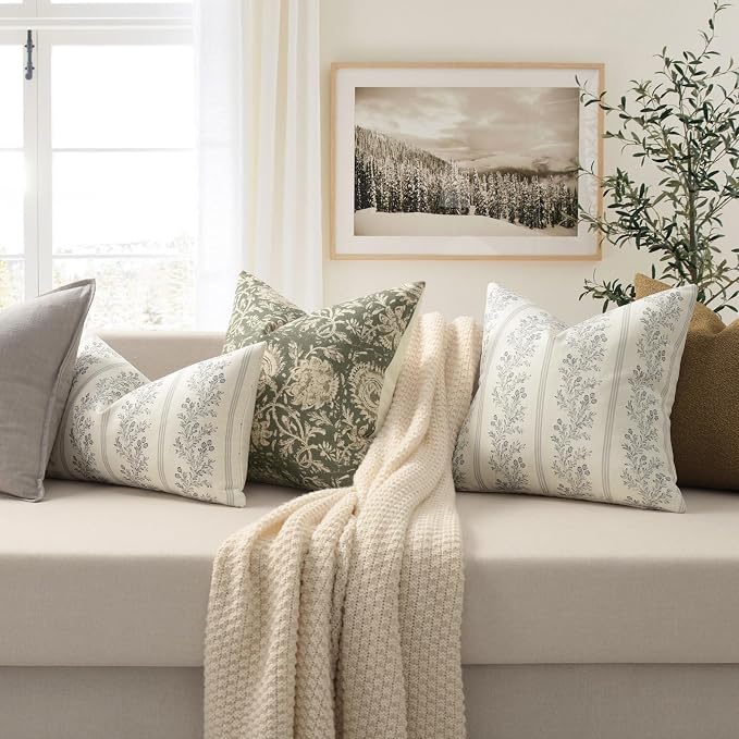 Vintage Throw Pillow Covers 26x26 Set of 2, Striped Floral Pillow Cover Botanical Patterned Decorative Cushion Covers Modern Farmhouse Home Decor for Sofa Couch Bed Living Room, Quiet Gray