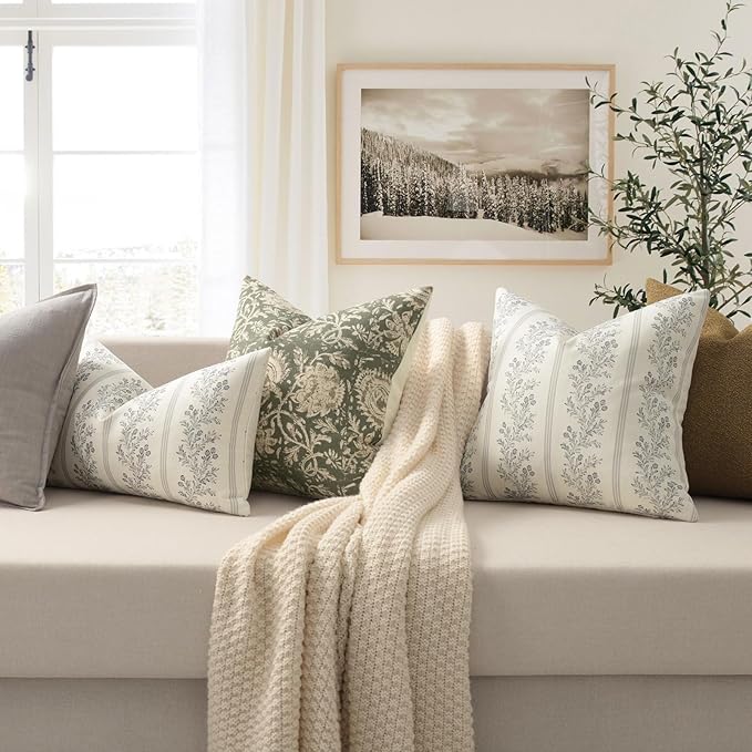 Vintage Throw Pillow Covers 16x16 Set of 2, Striped Floral Pillow Cover Botanical Patterned Decorative Cushion Covers Modern Farmhouse Home Decor for Sofa Couch Bed Living Room, Quiet Gray