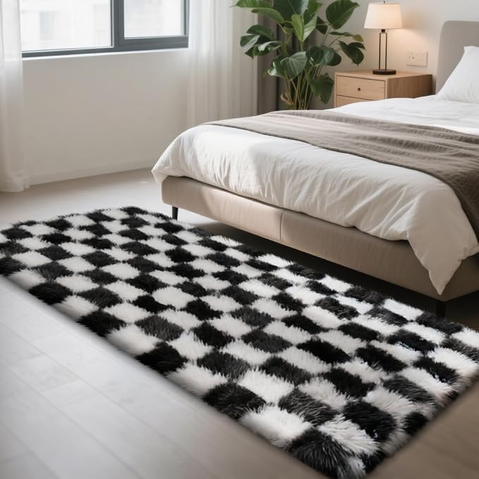 Checkered Rug for Bedroom, 2x6 Black and White Area Rugs, Classic Checkered Carpets Shag Area Rug, Bedside Rugs for Living Room Bedroom Room Home Decor