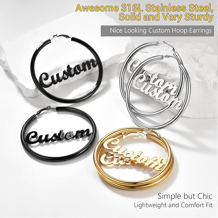 Stainless Steel Chunky Hoop Earrings For Women, Minimalist and Chic, Black/Gold Plated, Round Hoops Earrings Hypoallergenic, Size: 30mm/40mm/60mm/80mm, Come with Box