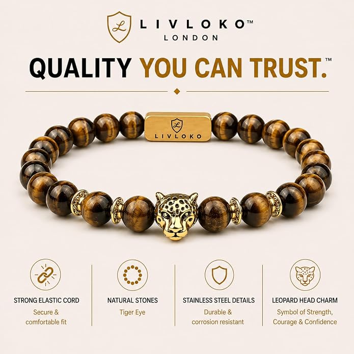 LONDON Mens Bracelet Leather Black Multi-Layer Stone Beads Adjustable Steel Clasp Viking Rope Bands Surfer Man Wristband Male UK Jewellery Gift box Boyfriend Dad Son Brother Tiger Eye