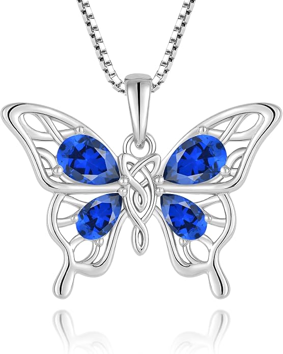 Butterfly Necklace 925 Sterling Silver Celtic Knot Pendant Teardrop Birthstone Twisted Jewelry for Women