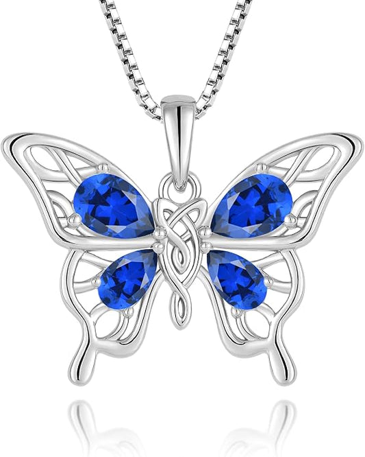 Butterfly Necklace 925 Sterling Silver Celtic Knot Pendant Teardrop Birthstone Twisted Jewelry for Women