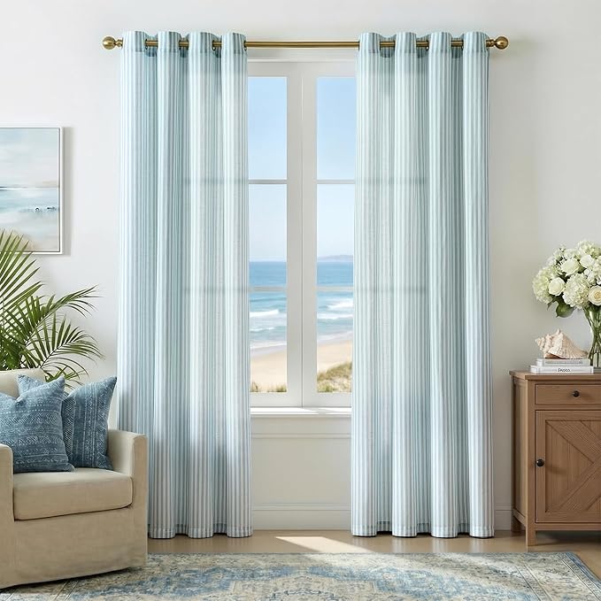 Vangao Linen Striped Curtains for Living Room Bedroom Farmhouse Tickingstripe Light Filtering Window Curtains Printed Drapes Grommet Top 2 Panels Aqua Blue on Off White W50 x L84 Inch