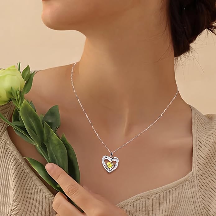 Anniversary Charm Necklace, Sterling Silver 14K Gold Plated Chain with Interlocking Heart Pendant Elegant Birthstone Necklaces for Women, Length 18"